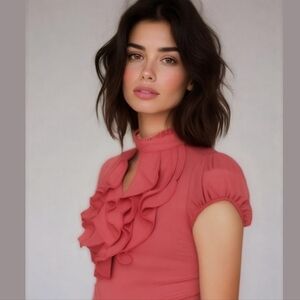 Hot pink ruffled top, cap sleeves, keyhole neckline. Rutched at the sides Size L